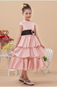 Satin Jewel Neckline Short Princess Dress with Hand-made Flower and Cap-Sleeves