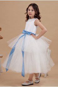 Yarn and Satin Bateau Neckline Tea-Length A-line Dress with Beaded