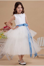 Yarn and Satin Bateau Neckline Tea-Length A-line Dress with Beaded