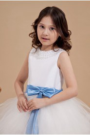 Yarn and Satin Bateau Neckline Tea-Length A-line Dress with Beaded