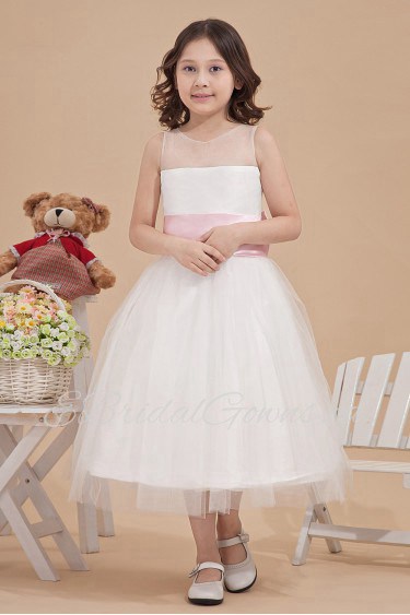 Organza and Satin Bateau Neckline Tea-Length A-line Dress with Bow