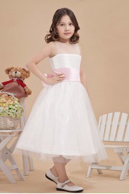 Organza and Satin Bateau Neckline Tea-Length A-line Dress with Bow