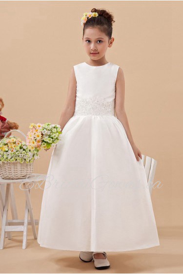 Satin and Tulle Bateau Neckline Ankle-Length Ball Gown Dress with Embroidery