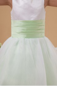 Taffeta and Organza Jewel Neckline Ankle-Length Ball Gown Dress with Bow