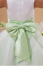 Taffeta and Organza Jewel Neckline Ankle-Length Ball Gown Dress with Bow