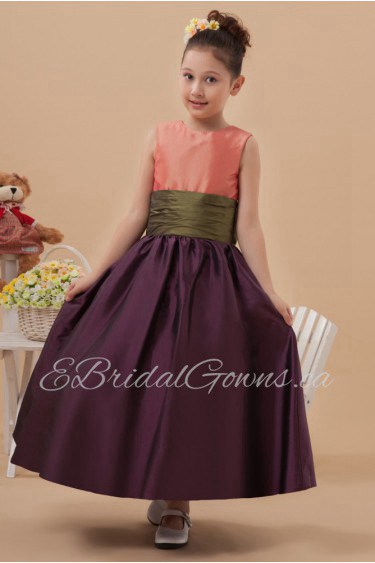 Taffeta Jewel Neckline Ankle-Length Ball Gown Dress with Bow