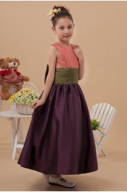 Taffeta Jewel Neckline Ankle-Length Ball Gown Dress with Bow