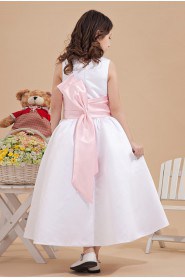 Satin Jewel Neckline Ankle-Length Ball Gown Dress with Bow