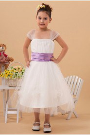 Organza Straps Neckline Tea-Length A-line Dress with Cap-Sleeves