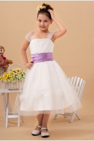 Organza Straps Neckline Tea-Length A-line Dress with Cap-Sleeves