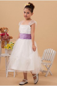 Organza Straps Neckline Tea-Length A-line Dress with Cap-Sleeves