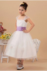 Organza Straps Neckline Tea-Length A-line Dress with Cap-Sleeves