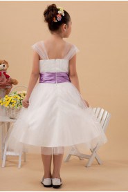 Organza Straps Neckline Tea-Length A-line Dress with Cap-Sleeves