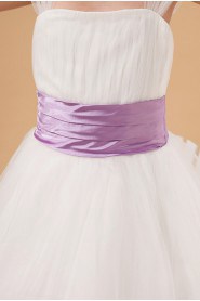 Organza Straps Neckline Tea-Length A-line Dress with Cap-Sleeves