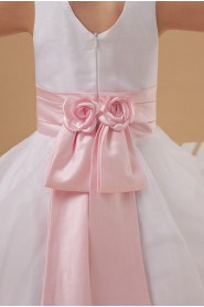 Satin and Organza Jewel Neckline Tea-Length A-line Dress