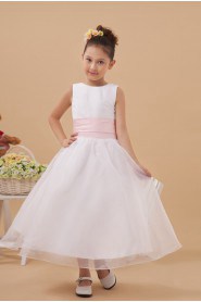 Satin and Organza Jewel Neckline Tea-Length A-line Dress