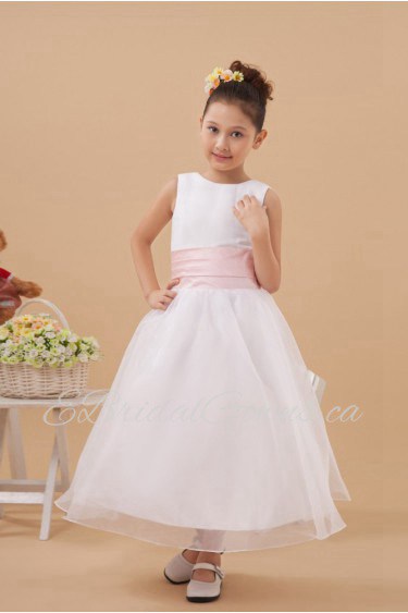 Satin and Organza Jewel Neckline Tea-Length A-line Dress