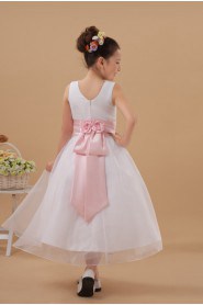 Satin and Organza Jewel Neckline Tea-Length A-line Dress