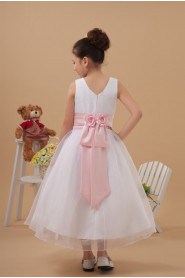 Satin and Organza Jewel Neckline Tea-Length A-line Dress