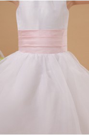 Satin and Organza Jewel Neckline Tea-Length A-line Dress