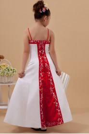 Satin Spaghetti Straps Ankle-Length A-line Dress with Embroidery 