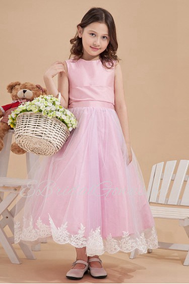 Satin and Mesh Jewel Neckline Ankle-Length Ball Gown Dress