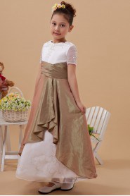 Taffeta and Organza Jewel Neckline Ankle-Length A-Line Dress with Short Sleeves