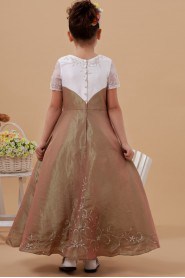 Taffeta and Organza Jewel Neckline Ankle-Length A-Line Dress with Short Sleeves