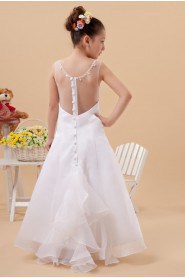 Satin and Organza Jewel Neckline Ankle-Length A-Line Dress with Embroidery 