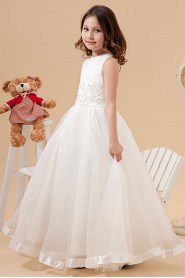 Satin and Organza Jewel Neckline Floor Length A-Line Dress with Embroidery 