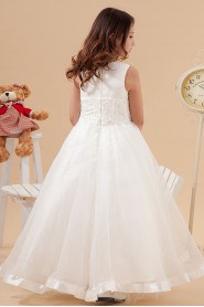 Satin and Organza Jewel Neckline Floor Length A-Line Dress with Embroidery 