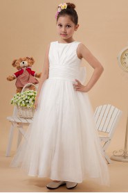 Taffeta and Organza Jewel Neckline Ankle-Length Ball Gown Dress with Bow