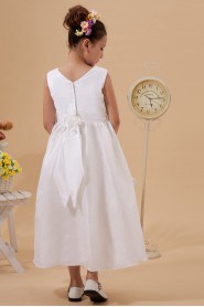 Taffeta Jewel Neckline Ankle-Length A-Line Dress with Hand-made Flower