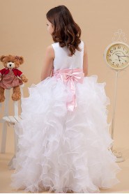 Satin and Organza Jewel Neckline Floor Length A-Line Dress with Bow