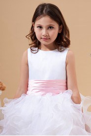 Satin and Organza Jewel Neckline Floor Length A-Line Dress with Bow