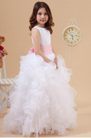 Satin and Organza Jewel Neckline Floor Length A-Line Dress with Bow