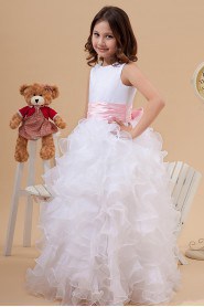 Satin and Organza Jewel Neckline Floor Length A-Line Dress with Bow