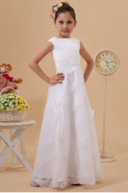 Satin and Lace Jewel Neckline Floor Length A-line Dress with Ruffle