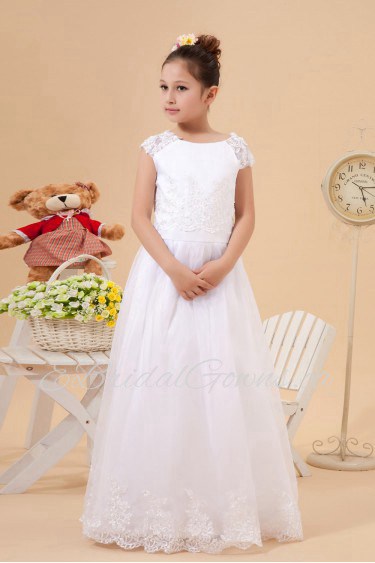 Satin and Organza Jewel Neckline Floor Length A-Line Dress with Embroidery 