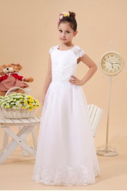 Satin and Organza Jewel Neckline Floor Length A-Line Dress with Embroidery 