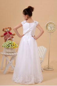 Satin and Organza Jewel Neckline Floor Length A-Line Dress with Embroidery 