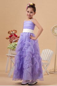 Satin and Organza Spaghetti Straps Ankle-Length A-Line Dress with Ruffle