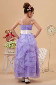 Satin and Organza Spaghetti Straps Ankle-Length A-Line Dress with Ruffle