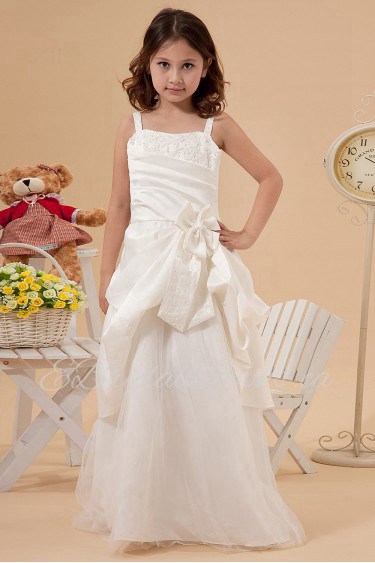 Satin and Tulle Straps Neckline Floor Length A-line Dress with Embroidery