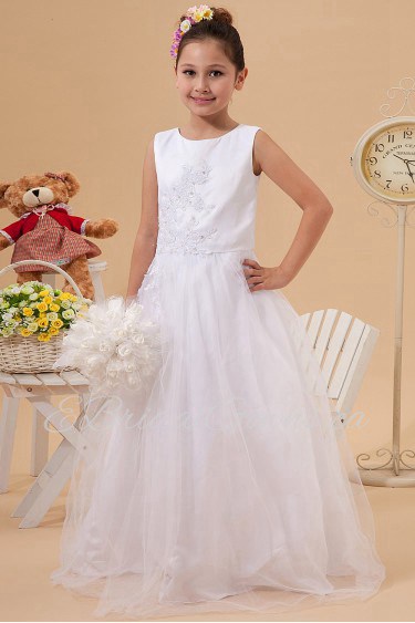 Satin and Tulle Jewel Neckline Floor Length A-Line Dress