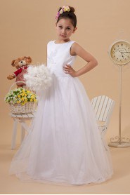 Satin and Tulle Jewel Neckline Floor Length A-Line Dress