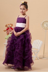 Satin Organza Spaghetti Straps Ankle-Length A-line Dress with Ruffle