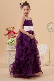 Satin Organza Spaghetti Straps Ankle-Length A-line Dress with Ruffle