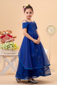 Organza Straps Neckline Ankle-Length A-line Dress with Embroidery and Short Sleeves