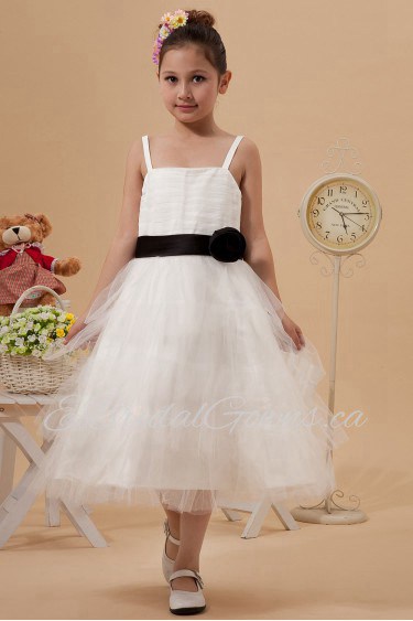 Satin and Mesh Straps Neckline Tea-Length A-line Dress with Hand-made Flower